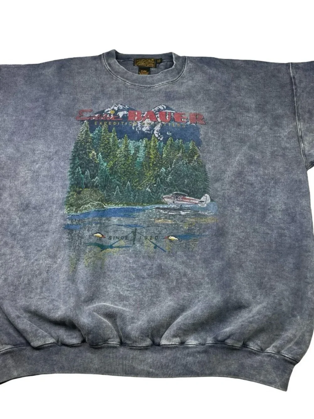 VTG Eddie Bauer Men's Pullover Crewneck Sweatshirt Blue Faded Wash • USA • XL - Picture 2 of 6